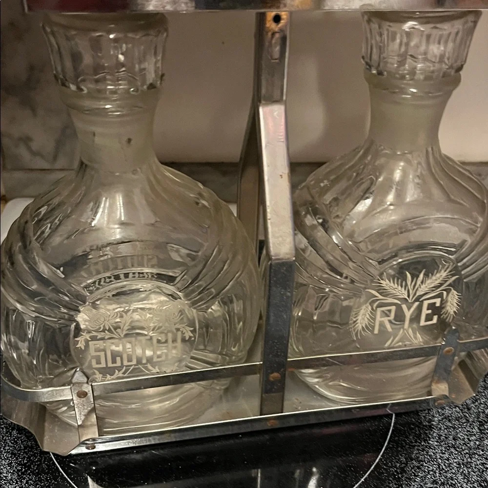 Crystal Decanter Set with Silver Chrome Holder Circa 1950